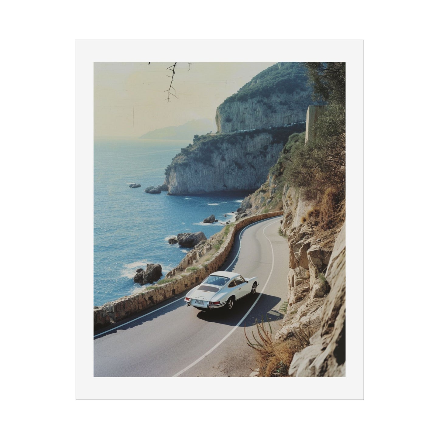 Vintage Porsche Riviera Coastal Road Art Print | Classic Car Mediterranean Drive Photography