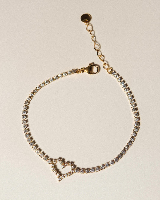 Heart Tennis Bracelet | 18k Gold Plated Stainless Steel, Cubic Zirconia Diamonds, Adjustable Chain