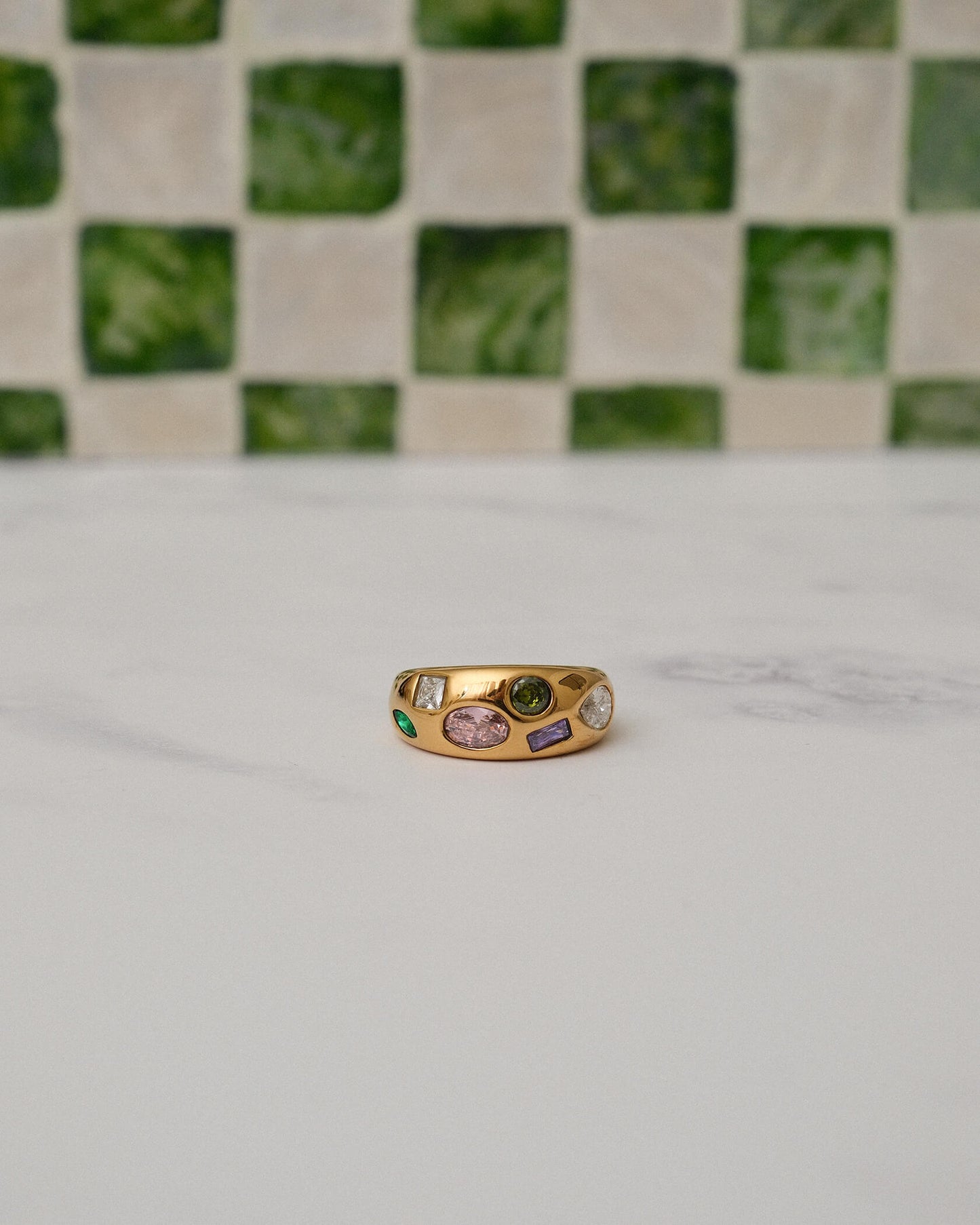 18K Gold Stainless Steel Confetti Gemstone Ring | Colorful Crystal Statement Ring, Waterproof Tarnish-Resistant Chunky Dome Ring