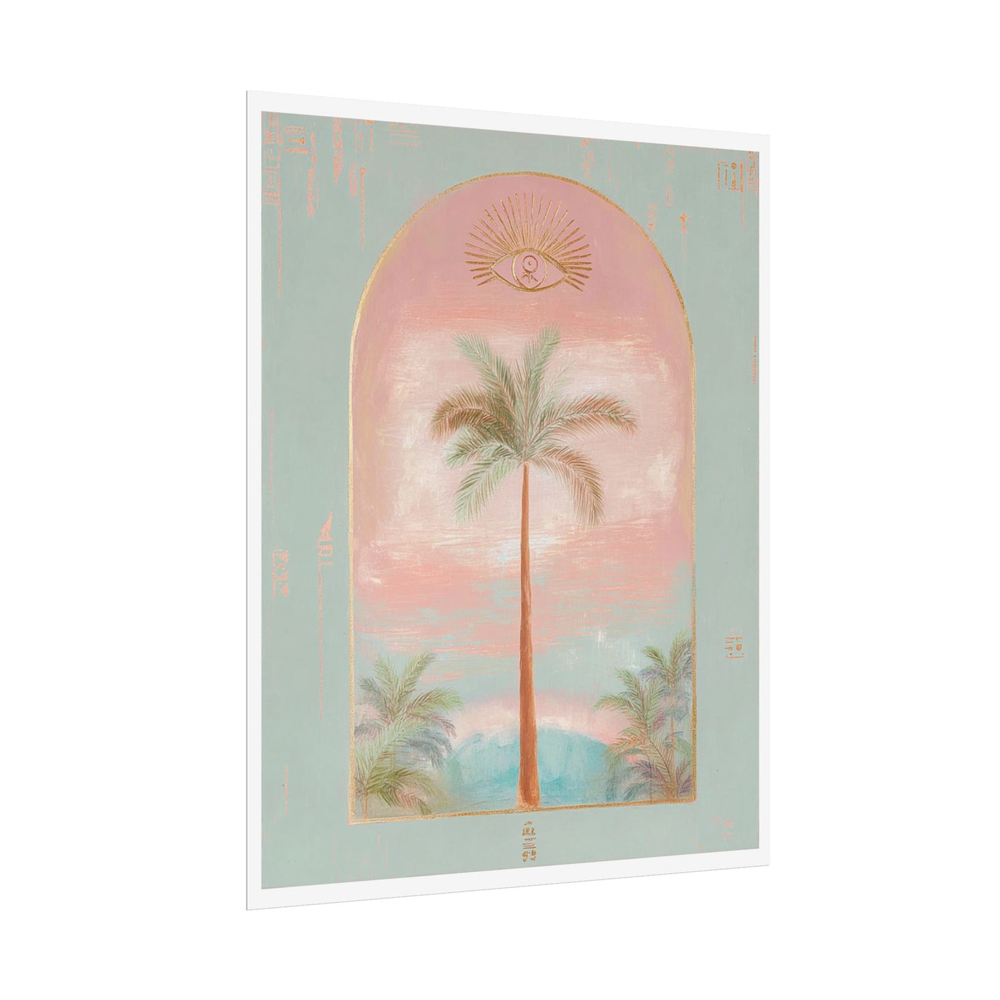 Mystic palm tree art print with a celestial gold arch and evil eye sun in pastel pink and seafoam green boho style.