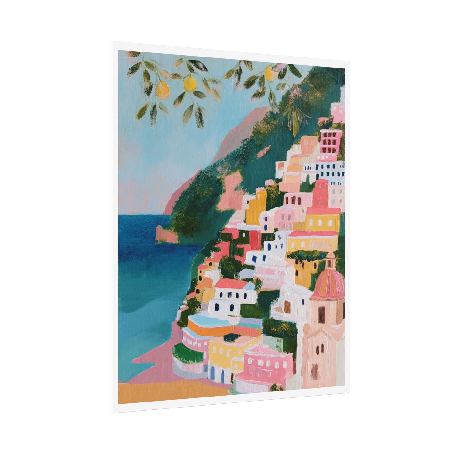 Colorful Positano Amalfi Coast art print with lemon trees and Mediterranean sea in a pastel impressionist painting style.