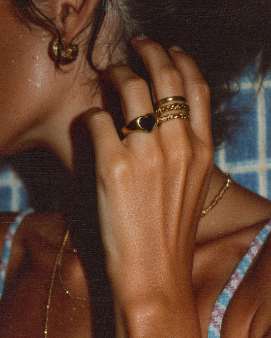 Black Heart Gold Signet Ring - 18k Gold Plated Stainless Steel