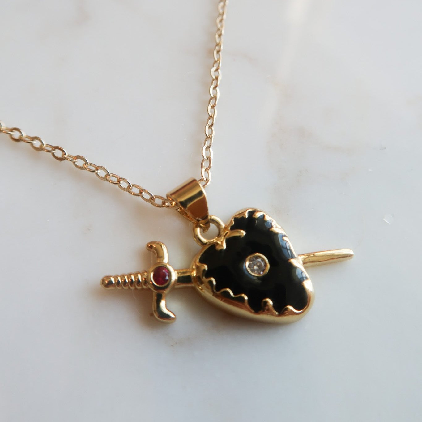 Obsidian Heart Sword Pendant Necklace - 18k Gold Over Stainless Steel