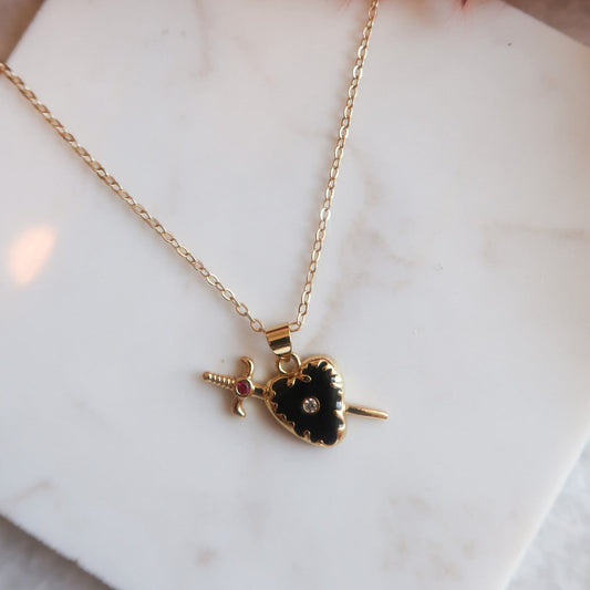Obsidian Heart Sword Pendant Necklace - 18k Gold Over Stainless Steel
