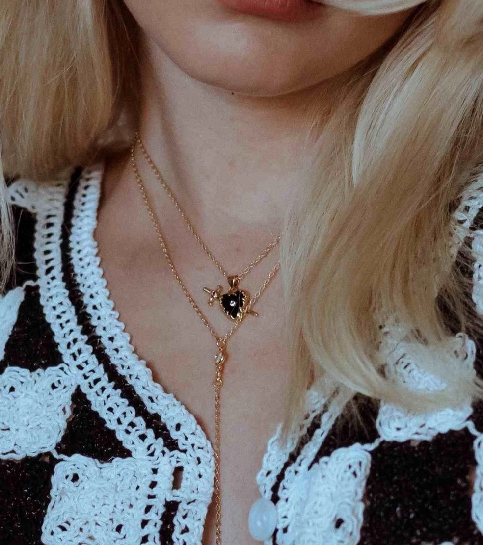 Obsidian Heart Sword Pendant Necklace - 18k Gold Over Stainless Steel