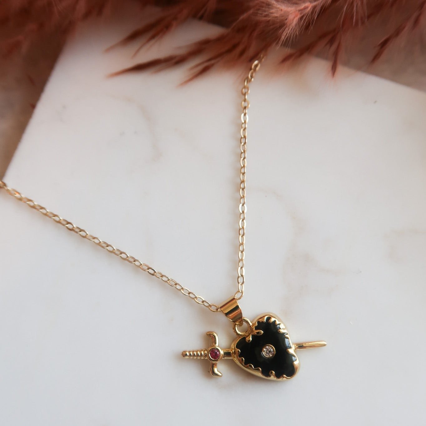 Obsidian Heart Sword Pendant Necklace - 18k Gold Over Stainless Steel