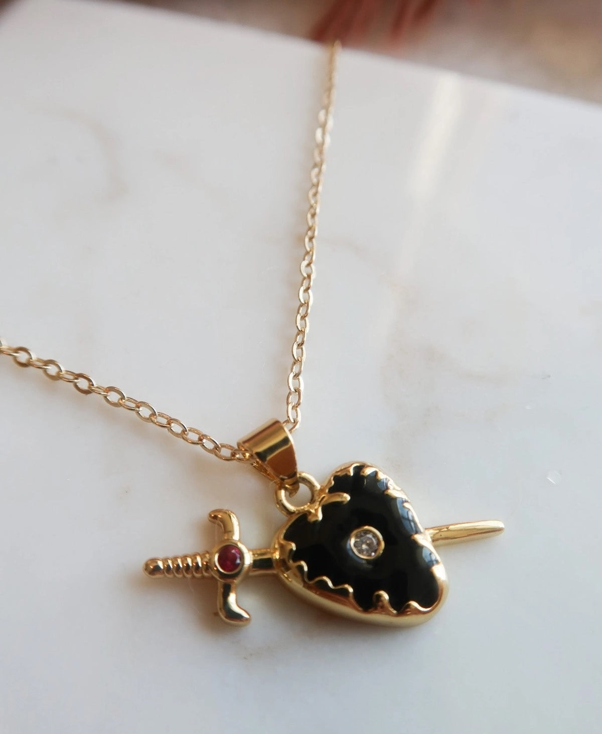 Obsidian Heart Sword Pendant Necklace - 18k Gold Over Stainless Steel