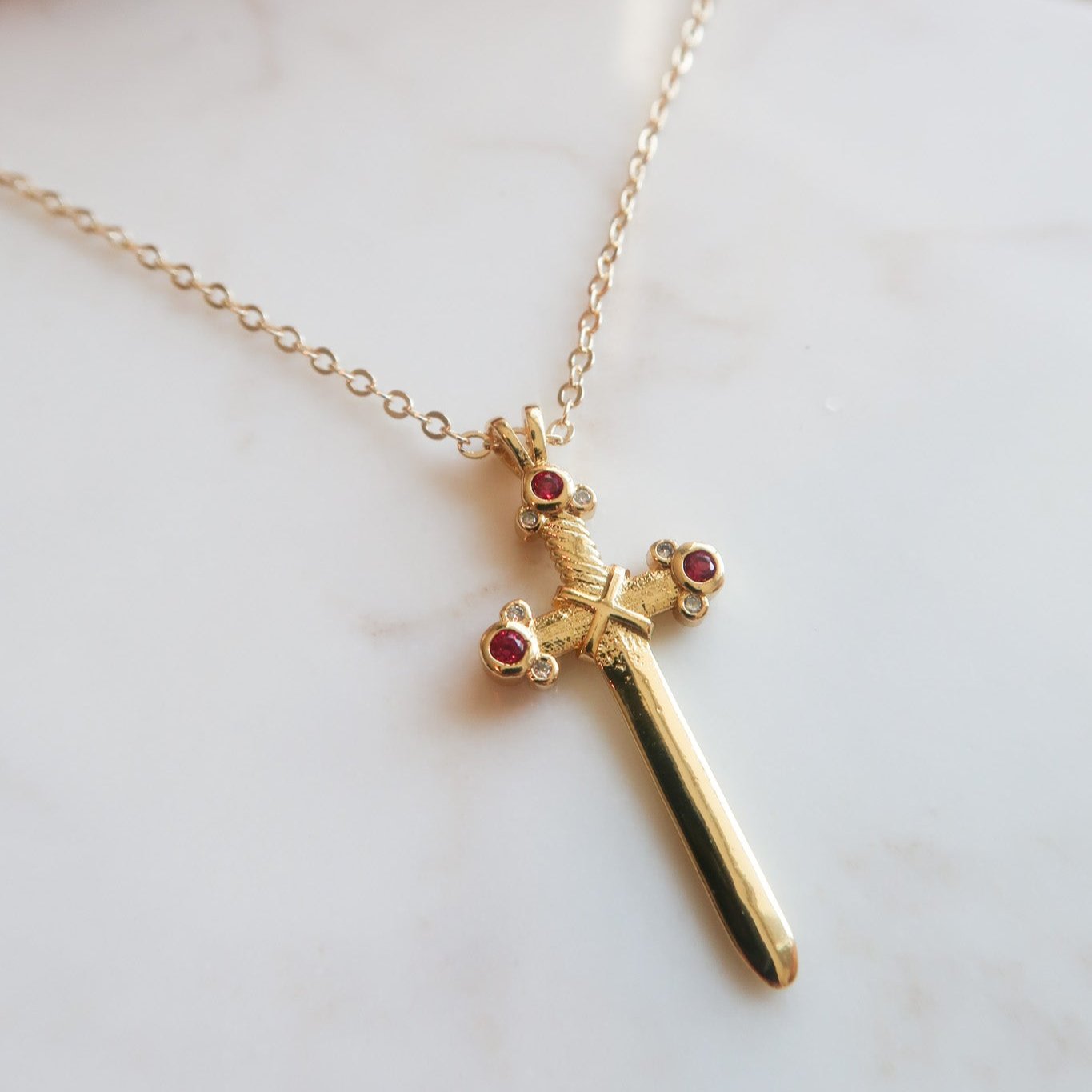 Ruby Sword Pendant Necklace - 18k Gold Over Stainless Steel