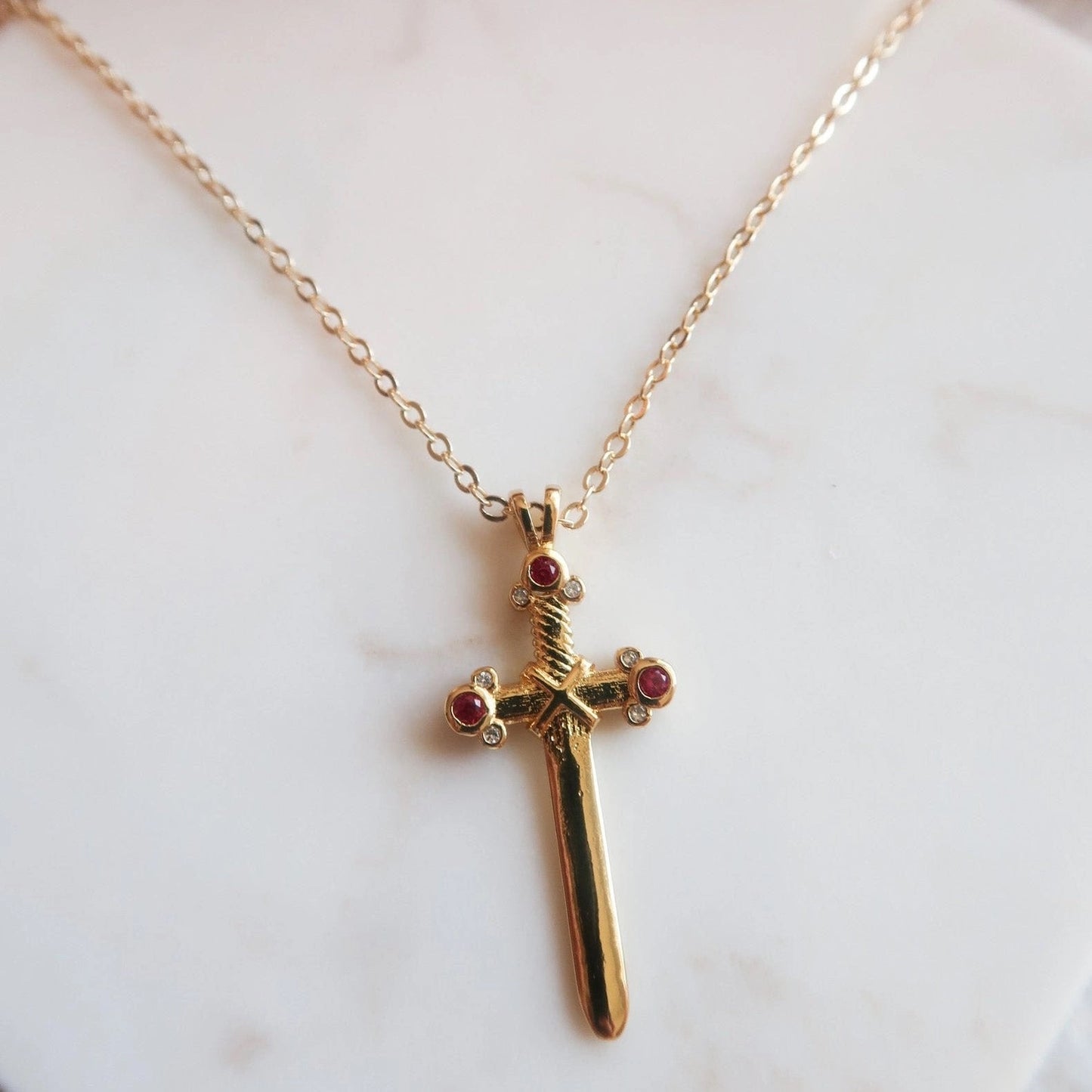 Ruby Sword Pendant Necklace - 18k Gold Over Stainless Steel