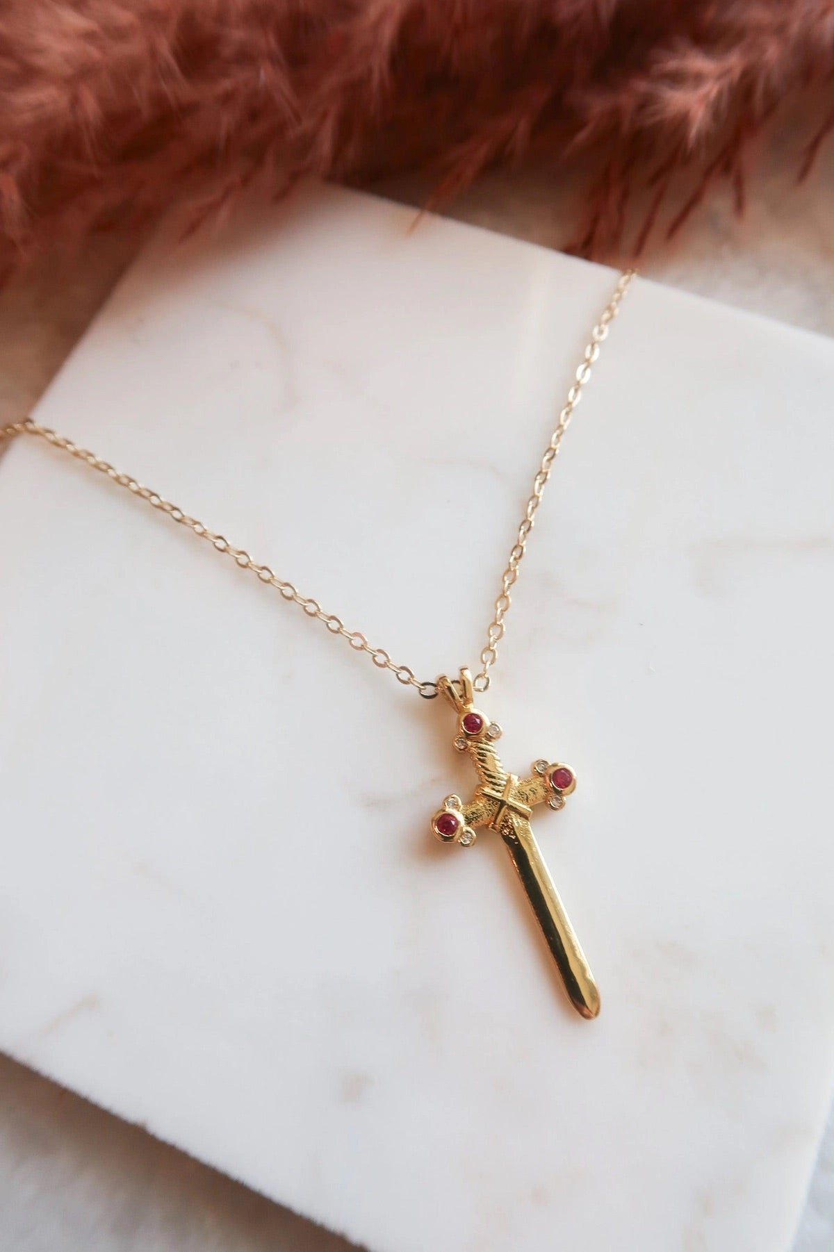 Ruby Sword Pendant Necklace - 18k Gold Over Stainless Steel