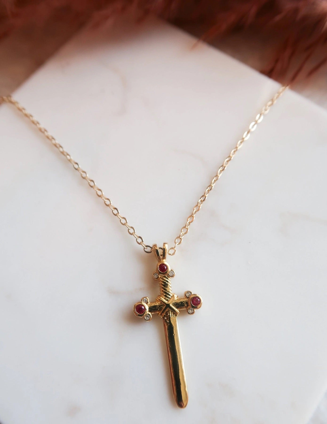 Ruby Sword Pendant Necklace - 18k Gold Over Stainless Steel