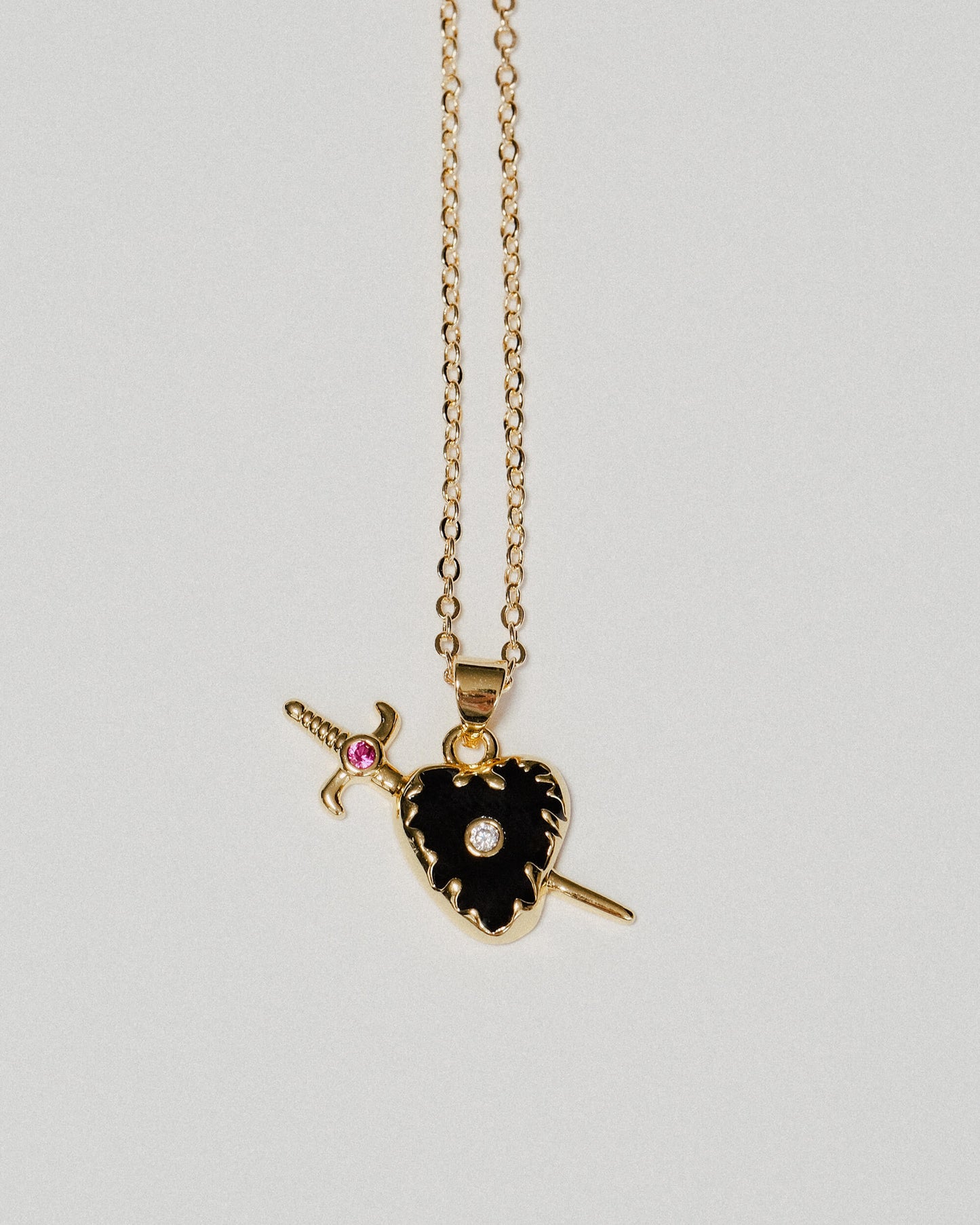 Obsidian Heart Sword Pendant Necklace - 18k Gold Over Stainless Steel