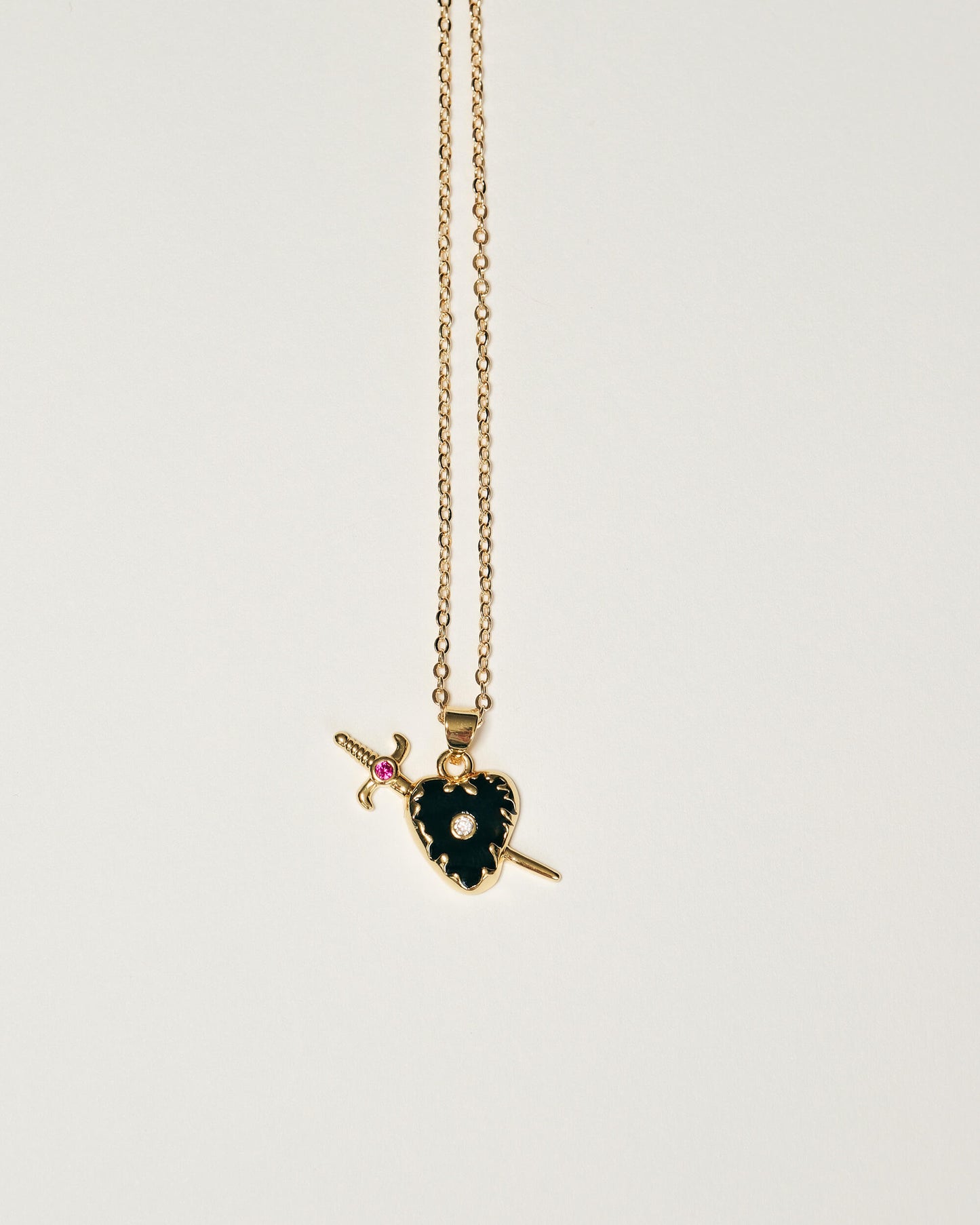 Obsidian Heart Sword Pendant Necklace - 18k Gold Over Stainless Steel