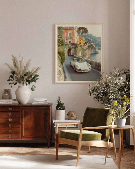 Amalfi Riviera Drive – Vintage Porsche & Italian Villa Art Print