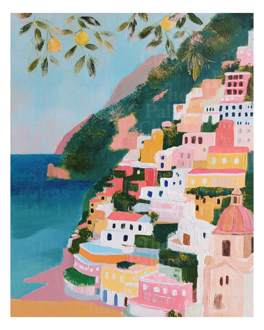 Colorful Positano Amalfi Coast art print with lemon trees and Mediterranean sea in a pastel impressionist painting style.