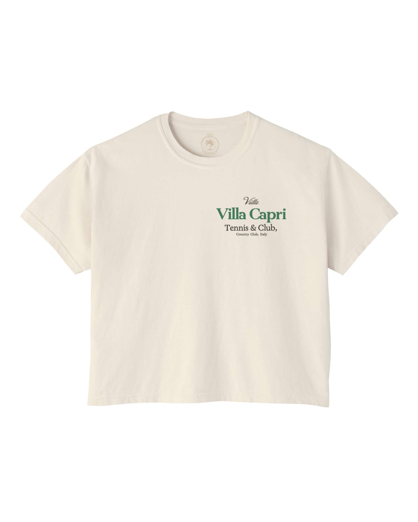 A beige crop tee with 'Villa Capri Tennis & Country Club' printed on the front.