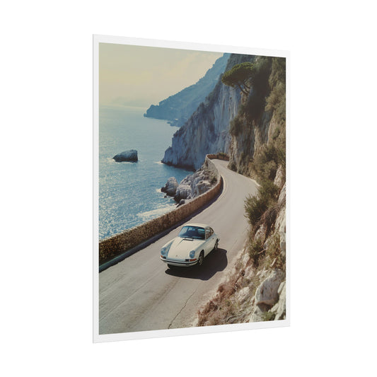 Vintage Porsche Riviera Coastal Road Art Print | Classic Car Mediterranean Drive Photography