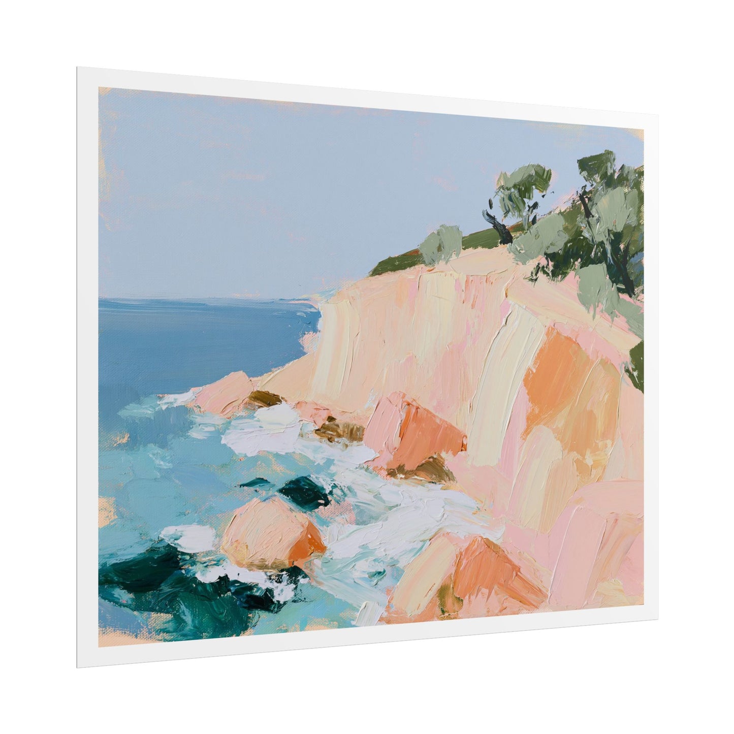 Colorful coastal landscape painting with cliffs and ocean.