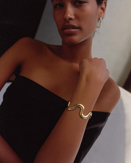 Gold Stainless Steel Wave Bracelet Cuff – Adjustable Arm Cuff Bangle