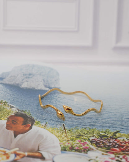 Snake Gold Cuff Bracelet | 18k Gold Stainless Steel Wavy Serpent Cuff Bangle