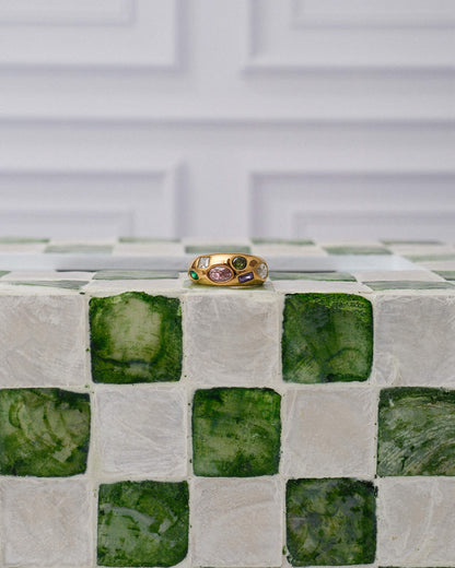 18K Gold Stainless Steel Confetti Gemstone Ring | Colorful Crystal Statement Ring, Waterproof Tarnish-Resistant Chunky Dome Ring