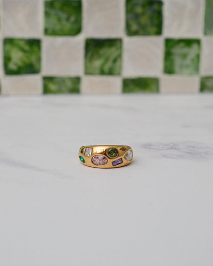 18K Gold Stainless Steel Confetti Gemstone Ring | Colorful Crystal Statement Ring, Waterproof Tarnish-Resistant Chunky Dome Ring