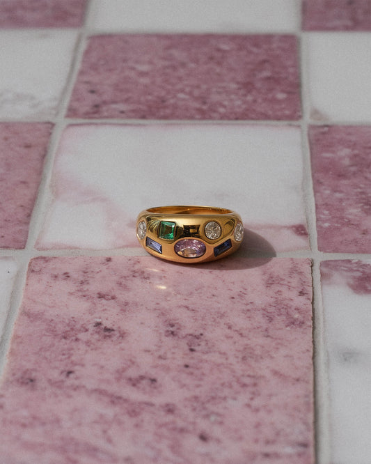 18K Gold Stainless Steel Confetti Gemstone Ring | Colorful Crystal Statement Ring, Waterproof Tarnish-Resistant Chunky Dome Ring