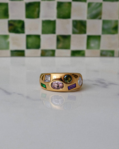 18K Gold Stainless Steel Confetti Gemstone Ring | Colorful Crystal Statement Ring, Waterproof Tarnish-Resistant Chunky Dome Ring