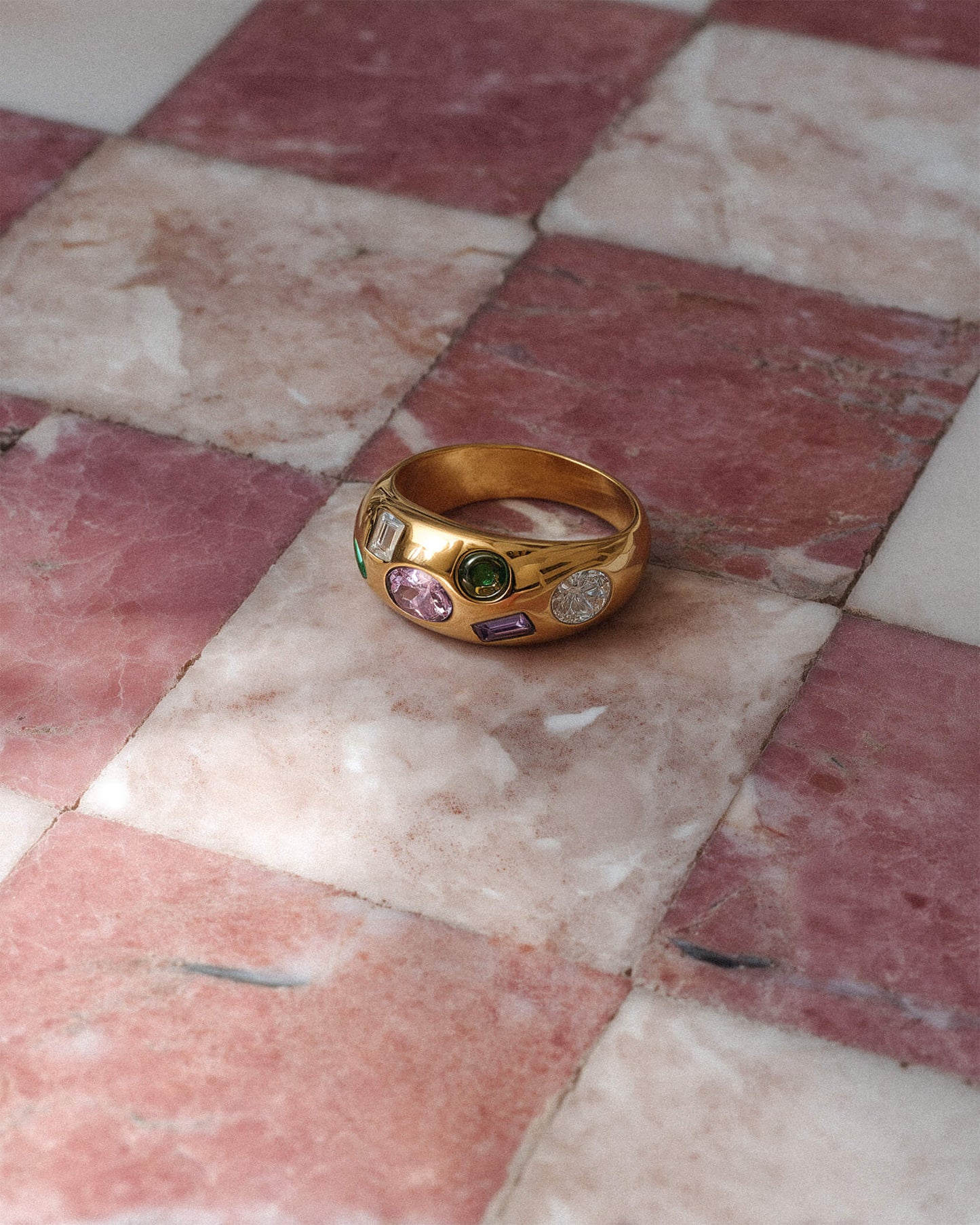 18K Gold Stainless Steel Confetti Gemstone Ring | Colorful Crystal Statement Ring, Waterproof Tarnish-Resistant Chunky Dome Ring