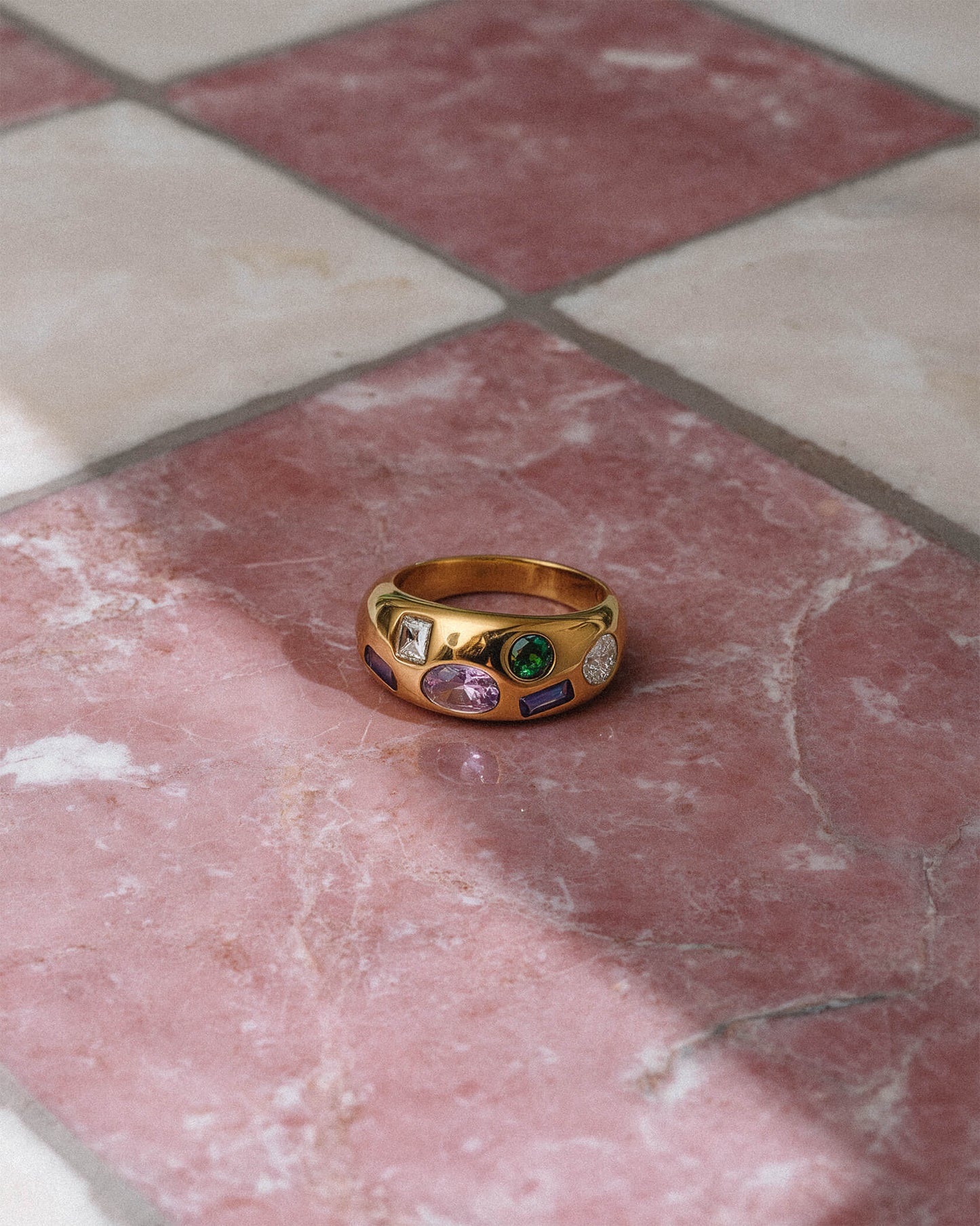 18K Gold Stainless Steel Confetti Gemstone Ring | Colorful Crystal Statement Ring, Waterproof Tarnish-Resistant Chunky Dome Ring