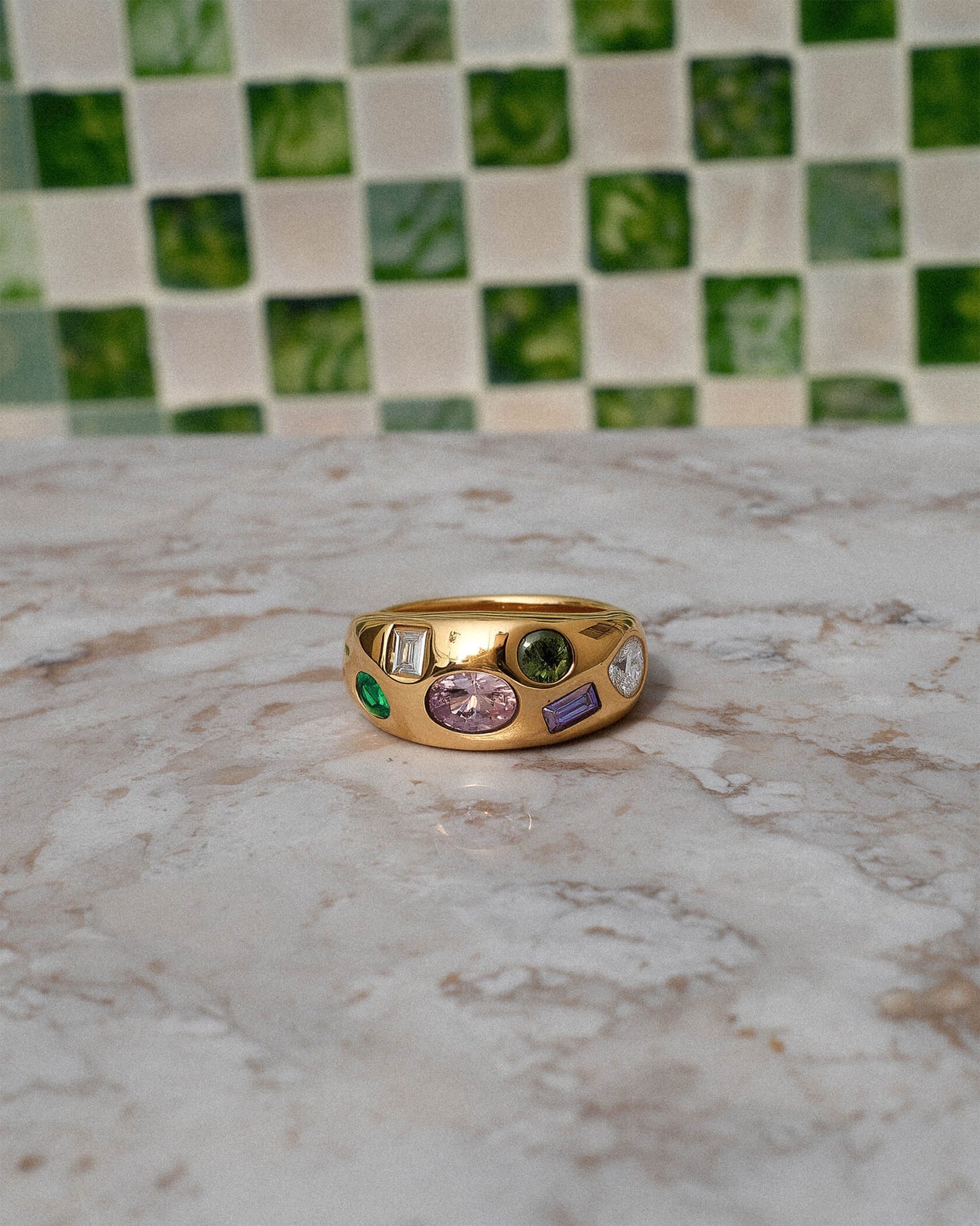 18K Gold Stainless Steel Confetti Gemstone Ring | Colorful Crystal Statement Ring, Waterproof Tarnish-Resistant Chunky Dome Ring