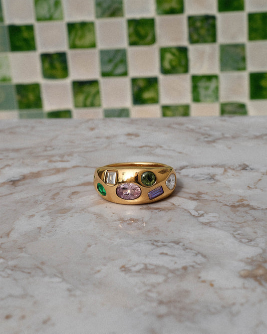 18K Gold Stainless Steel Confetti Gemstone Ring | Colorful Crystal Statement Ring, Waterproof Tarnish-Resistant Chunky Dome Ring