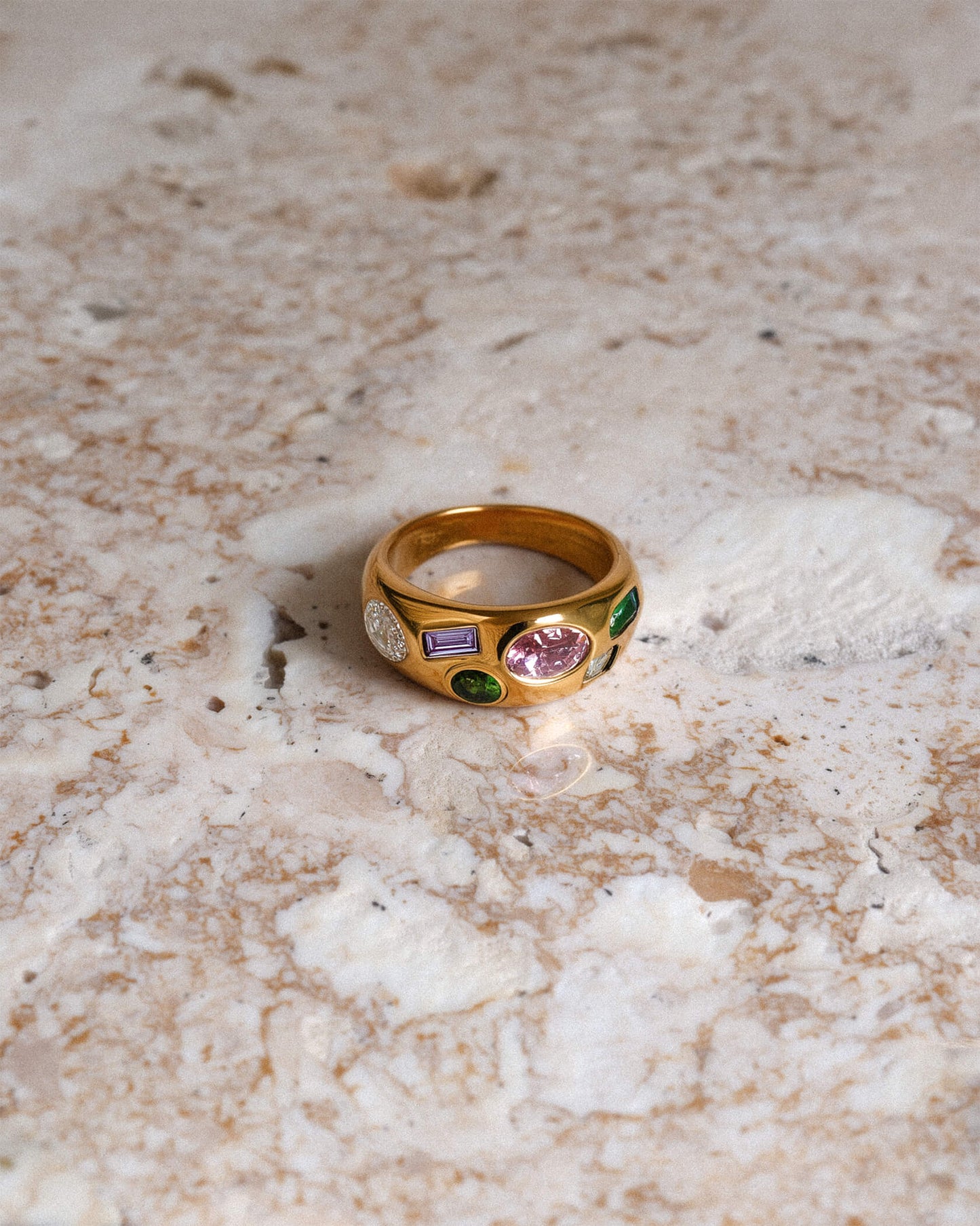 18K Gold Stainless Steel Confetti Gemstone Ring | Colorful Crystal Statement Ring, Waterproof Tarnish-Resistant Chunky Dome Ring