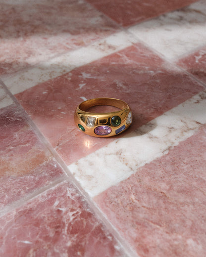 18K Gold Stainless Steel Confetti Gemstone Ring | Colorful Crystal Statement Ring, Waterproof Tarnish-Resistant Chunky Dome Ring