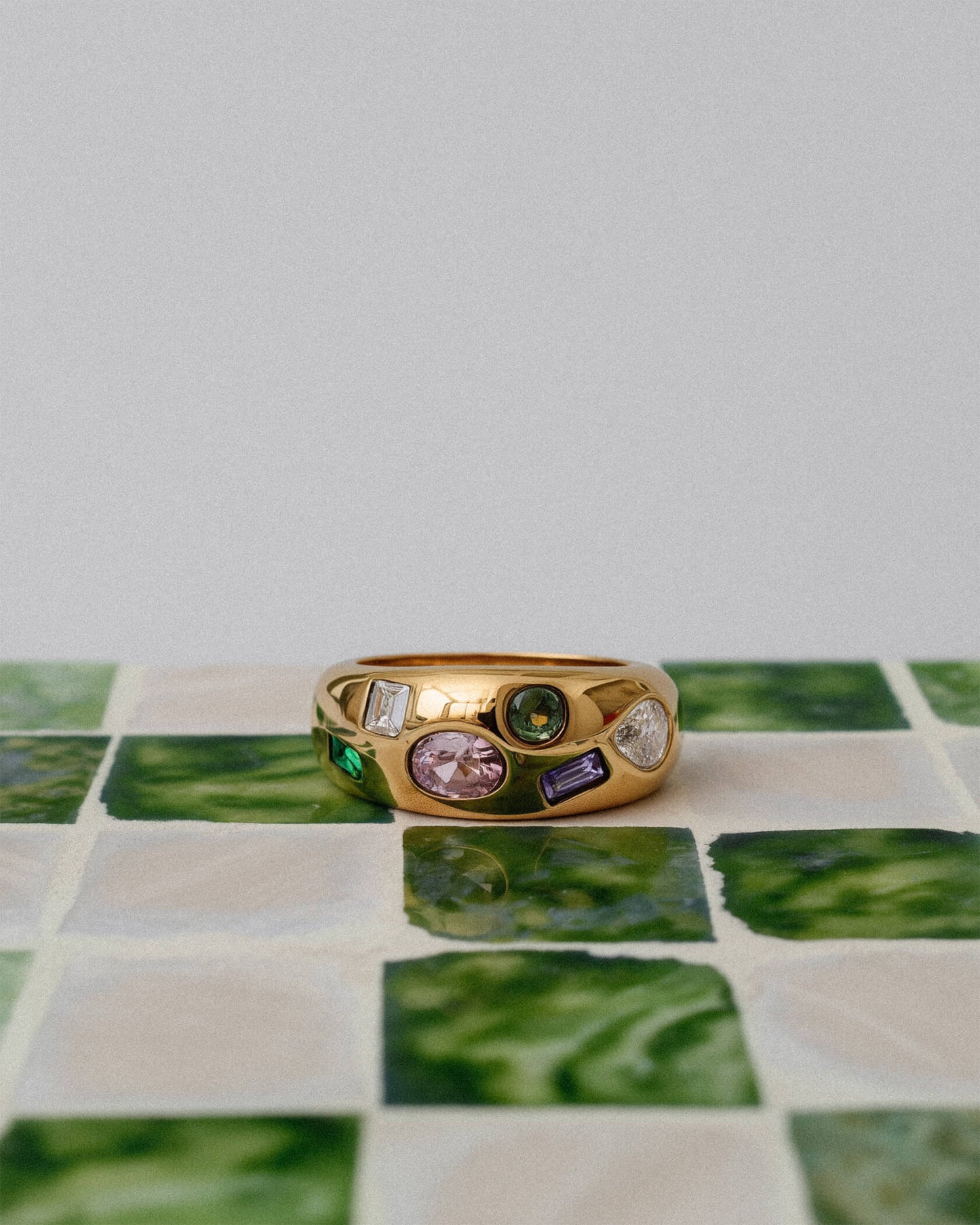 18K Gold Stainless Steel Confetti Gemstone Ring | Colorful Crystal Statement Ring, Waterproof Tarnish-Resistant Chunky Dome Ring