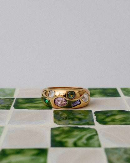 18K Gold Stainless Steel Confetti Gemstone Ring | Colorful Crystal Statement Ring, Waterproof Tarnish-Resistant Chunky Dome Ring