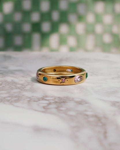 18K Gold Confetti Gemstone Band Ring – 316L Stainless Steel, Waterproof