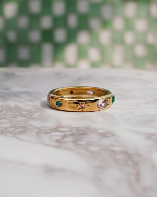 18K Gold Confetti Gemstone Band Ring – 316L Stainless Steel, Waterproof