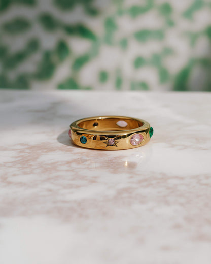 18K Gold Confetti Gemstone Band Ring – 316L Stainless Steel, Waterproof