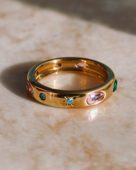 18K Gold Confetti Gemstone Band Ring – 316L Stainless Steel, Waterproof