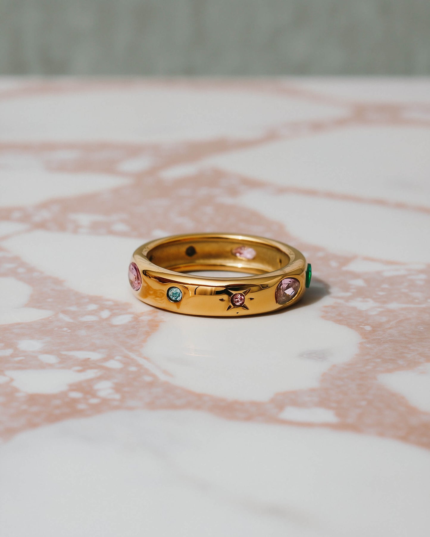 18K Gold Confetti Gemstone Band Ring – 316L Stainless Steel, Waterproof