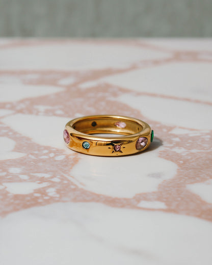 18K Gold Confetti Gemstone Band Ring – 316L Stainless Steel, Waterproof