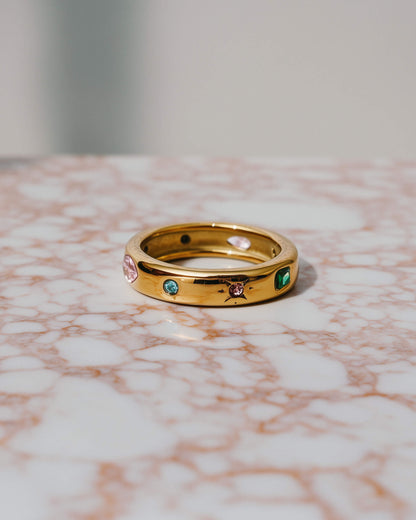 18K Gold Confetti Gemstone Band Ring – 316L Stainless Steel, Waterproof
