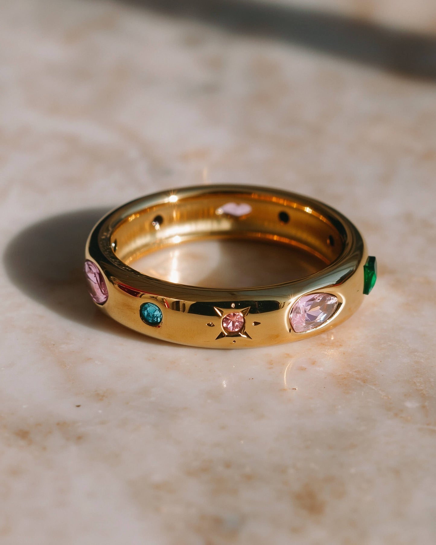 18K Gold Confetti Gemstone Band Ring – 316L Stainless Steel, Waterproof