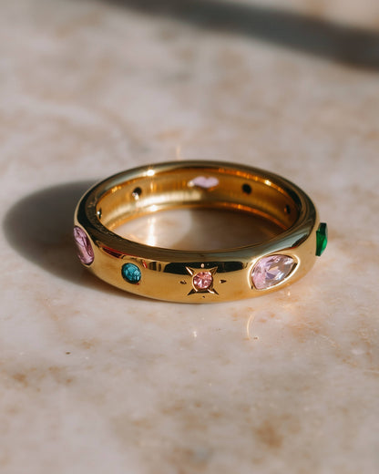 18K Gold Confetti Gemstone Band Ring – 316L Stainless Steel, Waterproof