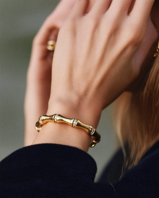Gold Bamboo Bangle Bracelet with Diamond Accents