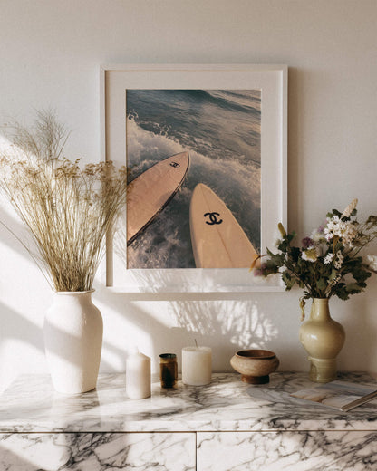 Chanel Surfboard Ocean Photo Print, Luxury Surf Wall Art, Coastal Beach Photography