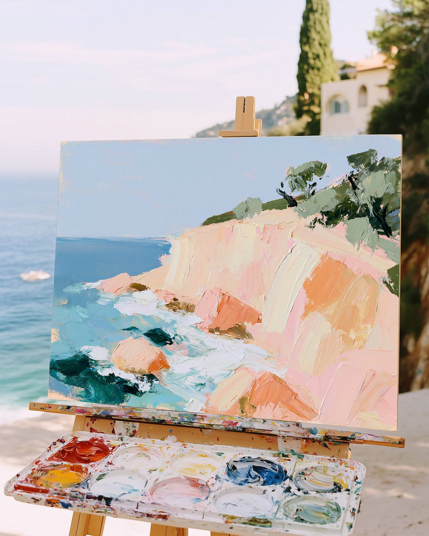 Painting of a coastal scene on an easel with a palette in front, set against a scenic background.