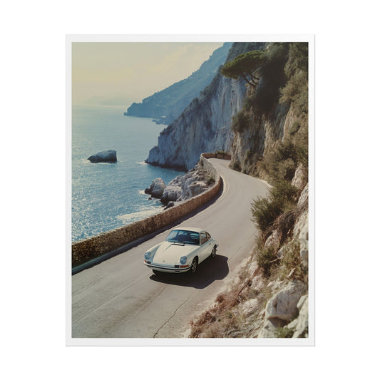 Vintage Porsche Riviera Coastal Road Art Print | Classic Car Mediterranean Drive Photography