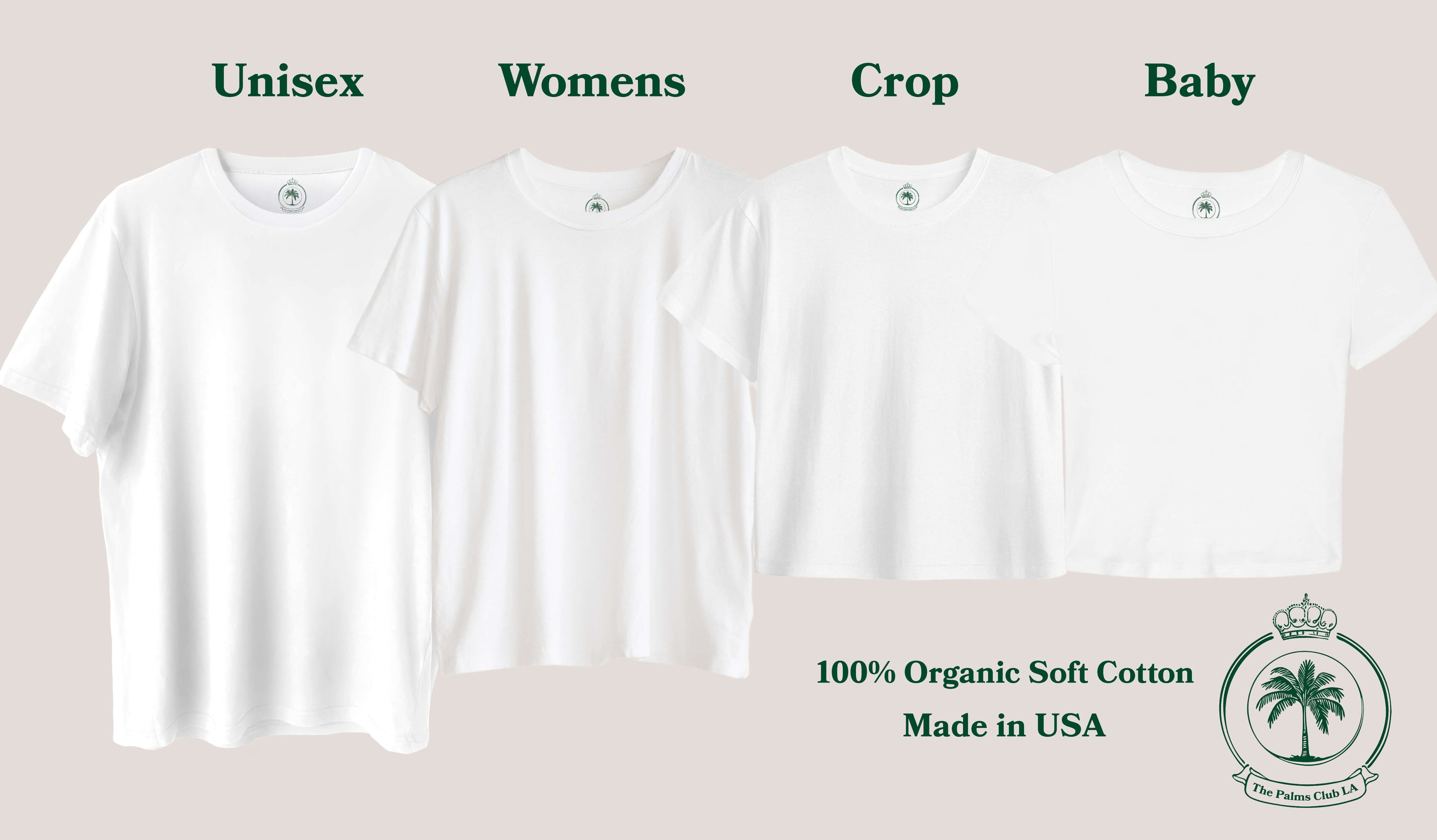 White t-shirts labeled for different sizes and types on a beige background with branding and text.